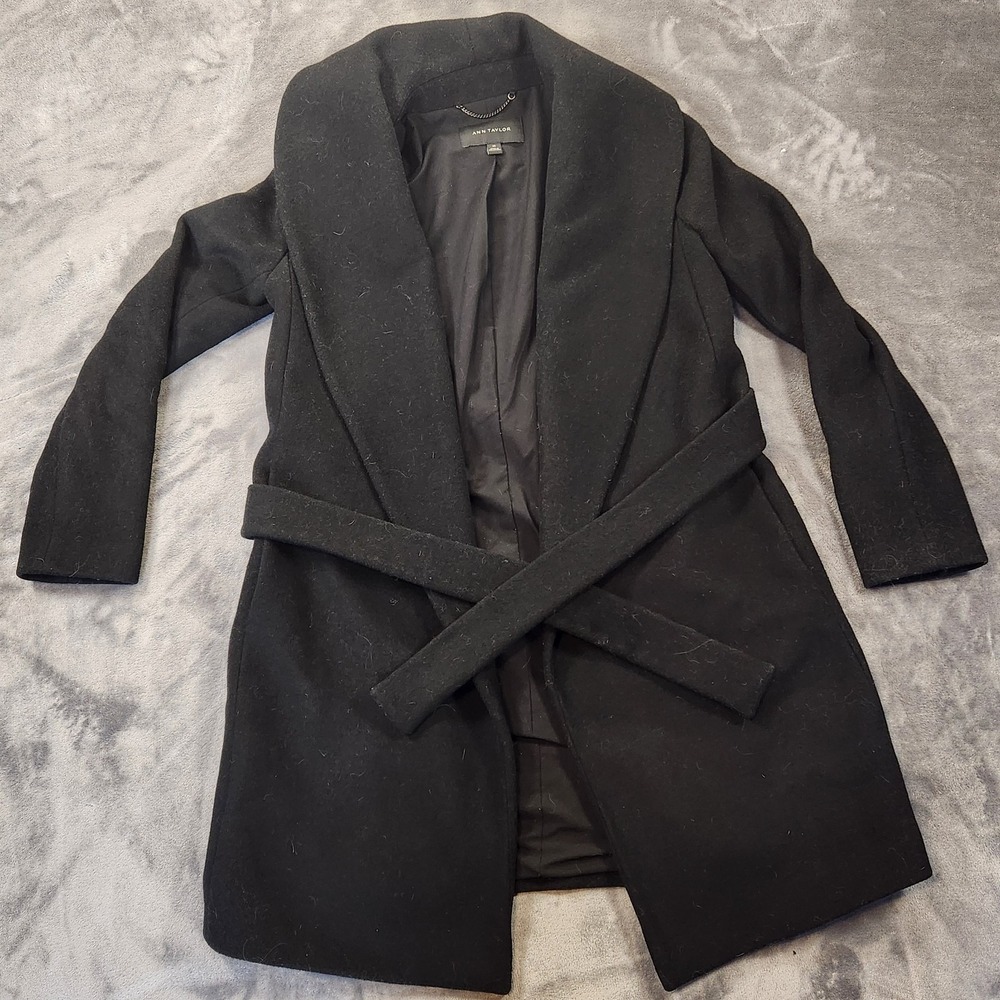 Ann Taylor Coat Womens XS Black Shawl Collar Wrap Wool Blend